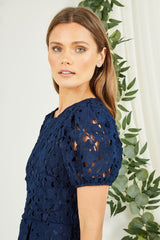 Yumi Navy Lace Skater Dress With Puff Sleeves