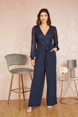 Yumi Navy Sequin Jumpsuit With Long Sleeves