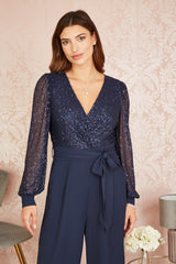 Yumi Navy Sequin Jumpsuit With Long Sleeves