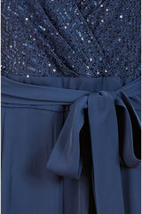 Yumi Navy Sequin Jumpsuit With Long Sleeves