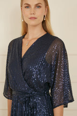 Yumi Navy Sequin Kimono Midi Wrap Dress