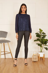 Yumi Navy Sequin Top With Sheer Sleeves