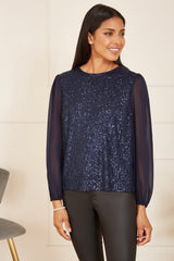 Yumi Navy Sequin Top With Sheer Sleeves