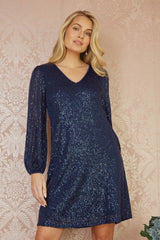 Yumi Navy Sequin Tunic With Balloon Sleeves