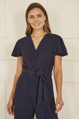 Yumi Navy Sparkle Stretch Wrap Over Jumpsuit