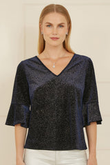 Yumi Navy Sparkle Velvet Relaxed Fit Top With Fluted Sleeves
