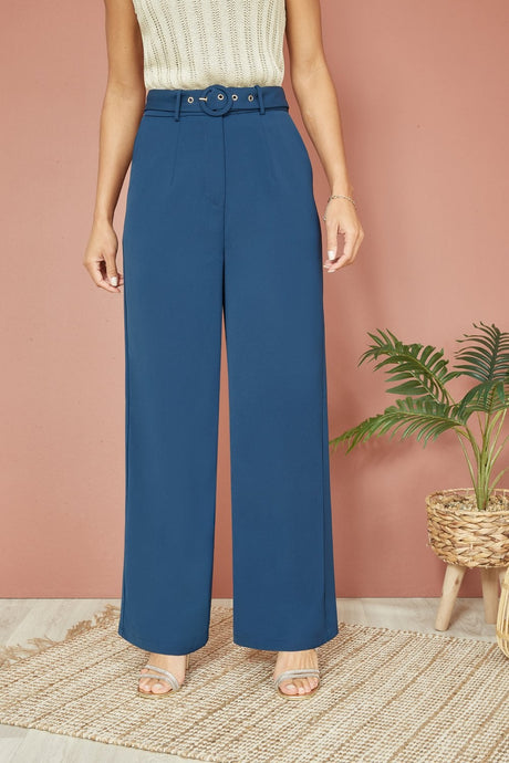 Yumi Navy Straight Leg Crepe Trousers With Belt