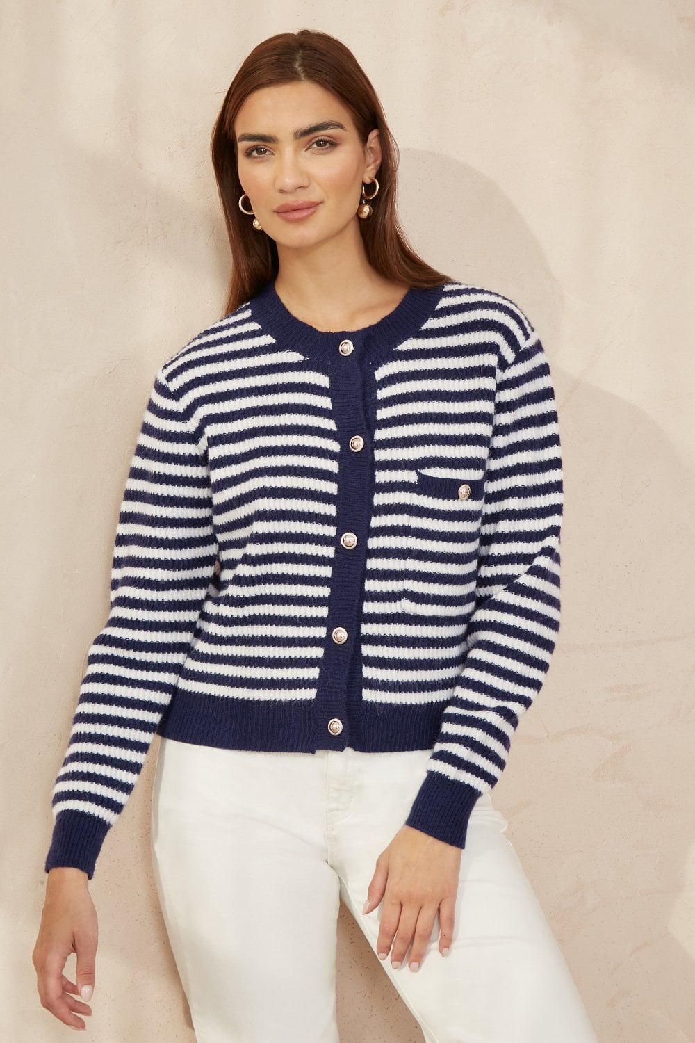 Yumi Navy Stripe Knit Relaxed Fit Cardigan