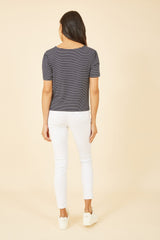 Yumi Navy Striped Jersey Button Detail Top