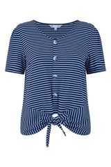 Yumi Navy Striped Jersey Button Detail Top