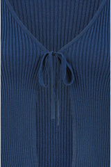 Yumi Navy Tie Up Ribbed Cardigan With Frill Hem