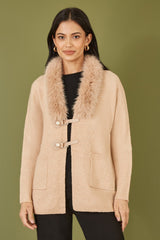 Yumi Oatmeal Cardigan With Detachable Fur Collar Trim