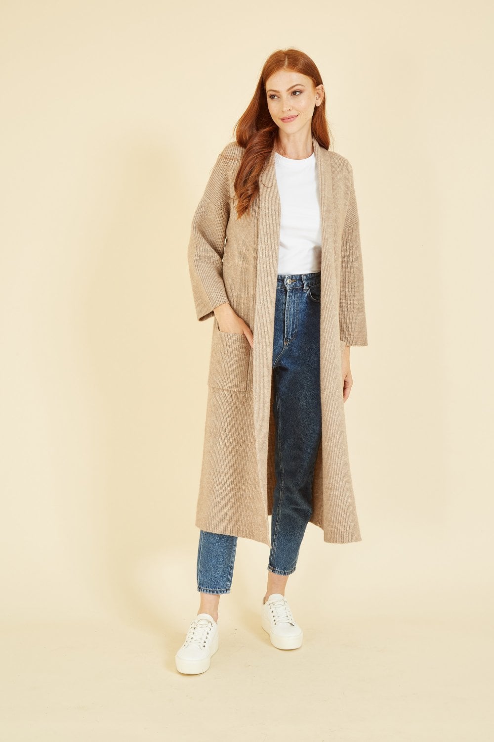 Yumi Oatmeal Knitted Maxi Cardigan With Pockets