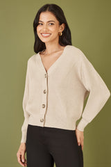 Yumi Oatmeal Relaxed Fit Cardigan With Stitch Detail