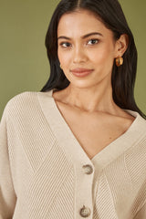 Yumi Oatmeal Relaxed Fit Cardigan With Stitch Detail