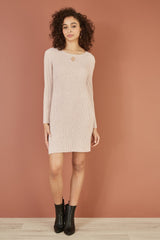 Yumi Oatmeal Rib Knit Tunic Dress With Button Cuffs And Cut Out Detail