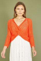 Yumi Orange Cotton Crochet Twisted Bolero Top