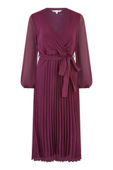 Yumi Plum Pleated Wrap Midi Dress With Sheer Long Sleeves
