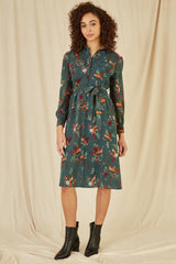 Yumi Recycled Green Fox Print Shirt Midi Dress