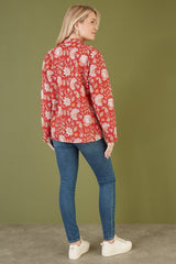 Yumi Red Floral Print Reversible Cotton Quilted Jacket