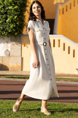 Yumi Stone Viscose Linen Look Midi Shirt Dress With Wooden Belt