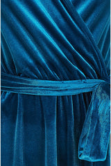 Yumi Teal Wrap Over Midi Dress With Angel Sleeves and Split Hem