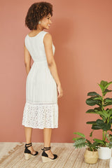Yumi White Lace And Dobby Cotton Midi Sundress Dress