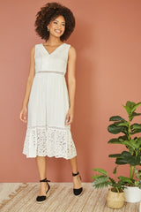 Yumi White Lace And Dobby Cotton Midi Sundress Dress