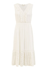 Yumi White Lace And Dobby Cotton Midi Sundress Dress