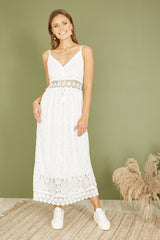 Yumi White Lace Midi Sundress With Tassel Tie and Ruched Back
