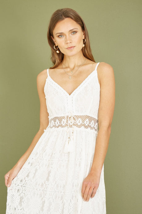 Yumi White Lace Midi Sundress With Tassel Tie and Ruched Back