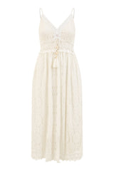 Yumi White Lace Midi Sundress With Tassel Tie and Ruched Back