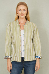 Yumi White Patchwork Print Reversible Cotton Quilted Jacket